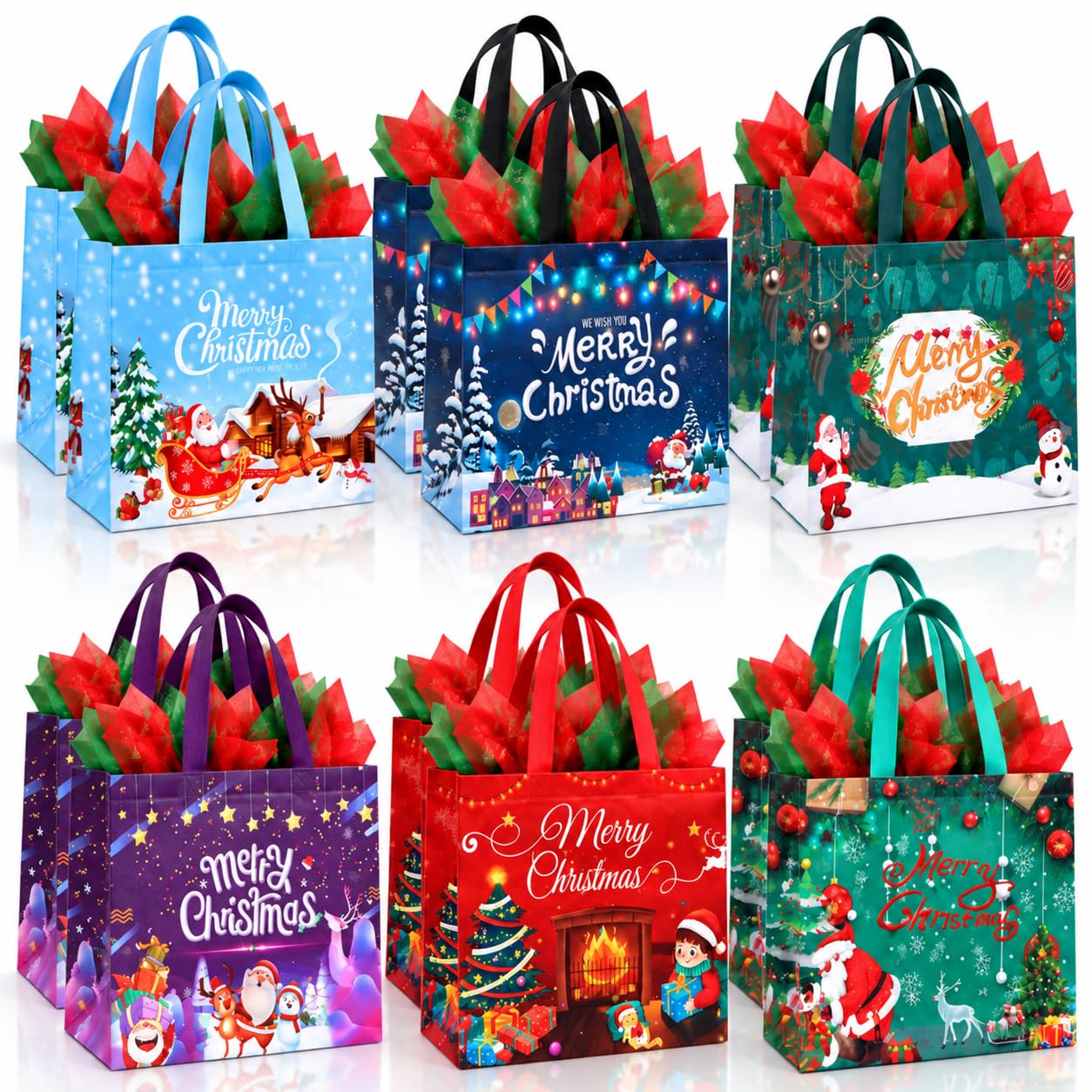 Christmas Gift Bags for Gift, 12 Pack Large Reusable Xmas Present Bags