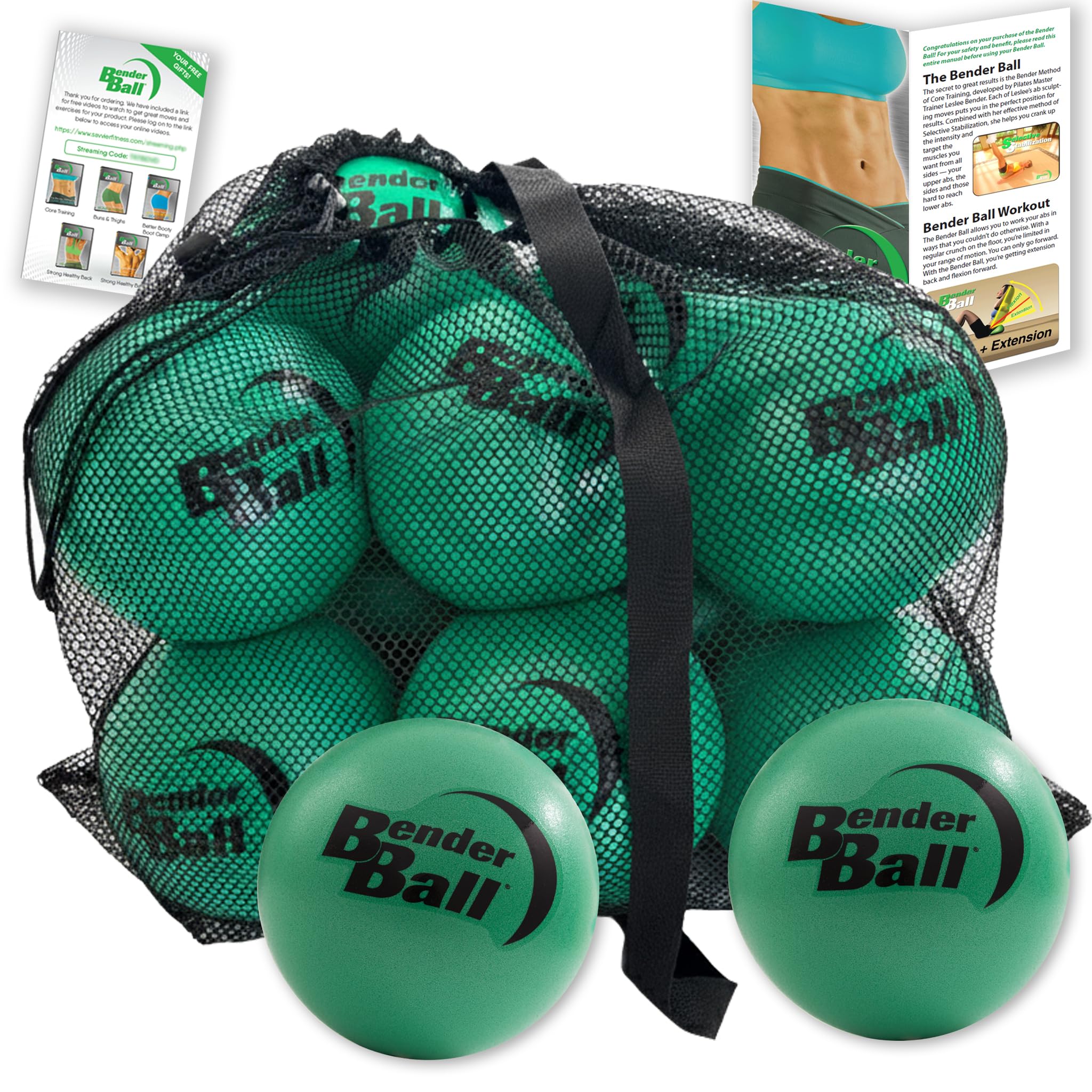 Offizielles Studio Pack (12er Set, Grün), Original Soft 22.9 cm Pilates Ball, Kleiner Gymnastikball für Barre, Yoga, Stabilität, Bauchmuskeln, Rumpf, Physiotherapie + Netztasche, Anleitung