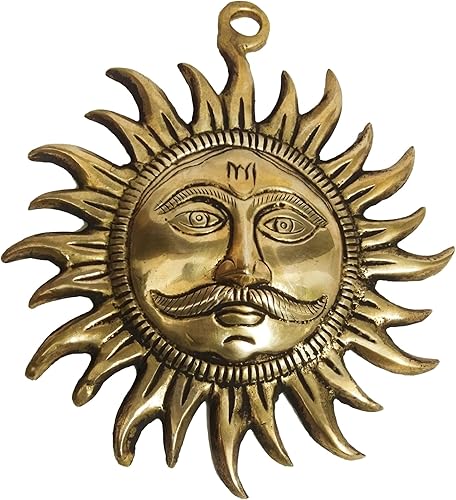 athizay Escultura colgante de latón con cara de sol, estatua de señor Suraj o Surya, ídolo con acabado dorado antiguo, cabeza de sol, artículos
