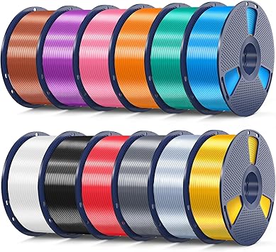 SUNLU 12KG 3D Printer Silk PLA Filament Bundle, Silk Filament 1.75mm+/- 0.02mm, 1KG Spool2.2 LBS, Total 12KG, Light Gold+Silver+Black+White+Grey+Red+Blue+Green+Orange+Pink+Purple+Red Copper