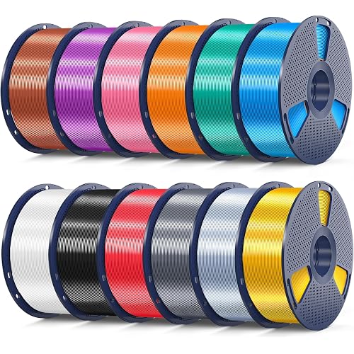 SUNLU 12KG 3D Printer Silk PLA Filament Bundle, Silk Filament 1.75mm+/- 0.02mm, 1KG Spool(2.2 LBS), Total 12KG, Light Gold+Silver+Black+White+Grey+Red+Blue+Green+Orange+Pink+Purple+Red Copper
