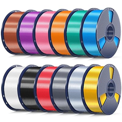 SUNLU 12KG 3D Printer Silk PLA Filament Bundle, Silk Filament 1.75mm+/- 0.02mm, 1KG Spool(2.2 LBS), Total 12KG, Light Gold+Silver+Black+White+Grey+Red+Blue+Green+Orange+Pink+Purple+Red Copper