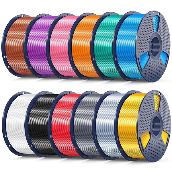 SUNLU 12KG 3D Printer Silk PLA Filament Bundle, Silk Filament 1.75mm+/- 0.02mm, 1KG Spool(2.2 LBS), Total 12KG, Light Gold+Silver+Black+White+Grey+Red+Blue+Green+Orange+Pink+Purple+Red Copper