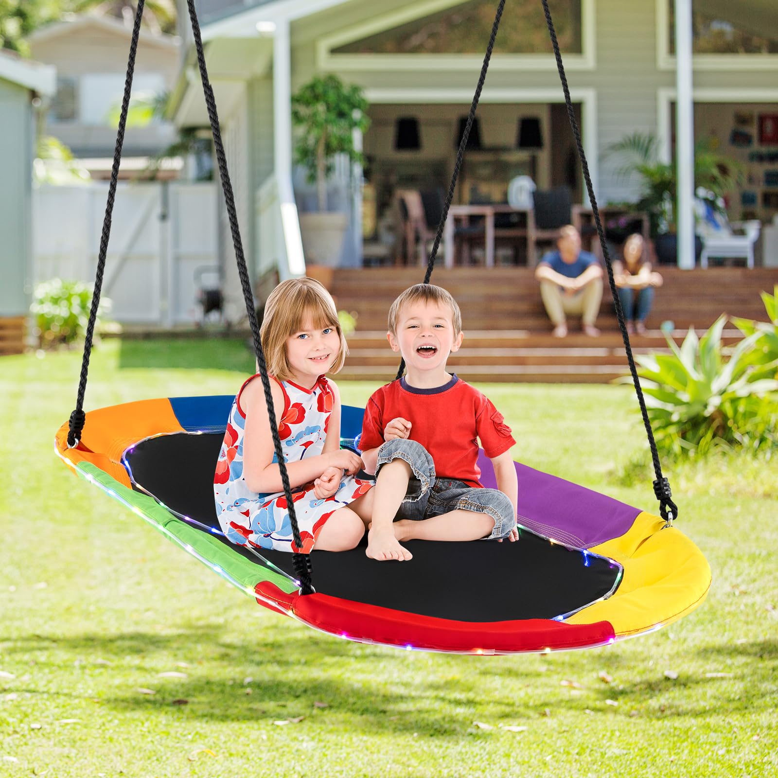 GOPLUS Nestschaukel Outdoor, 150 x 81 cm Kinderschaukel mit LED-Lichtern bis 150 kg Belastbar, Hängeschaukel 100-180 cm höhenverstellbar, Baumschaukel Rundschaukel für Kinder ab 3