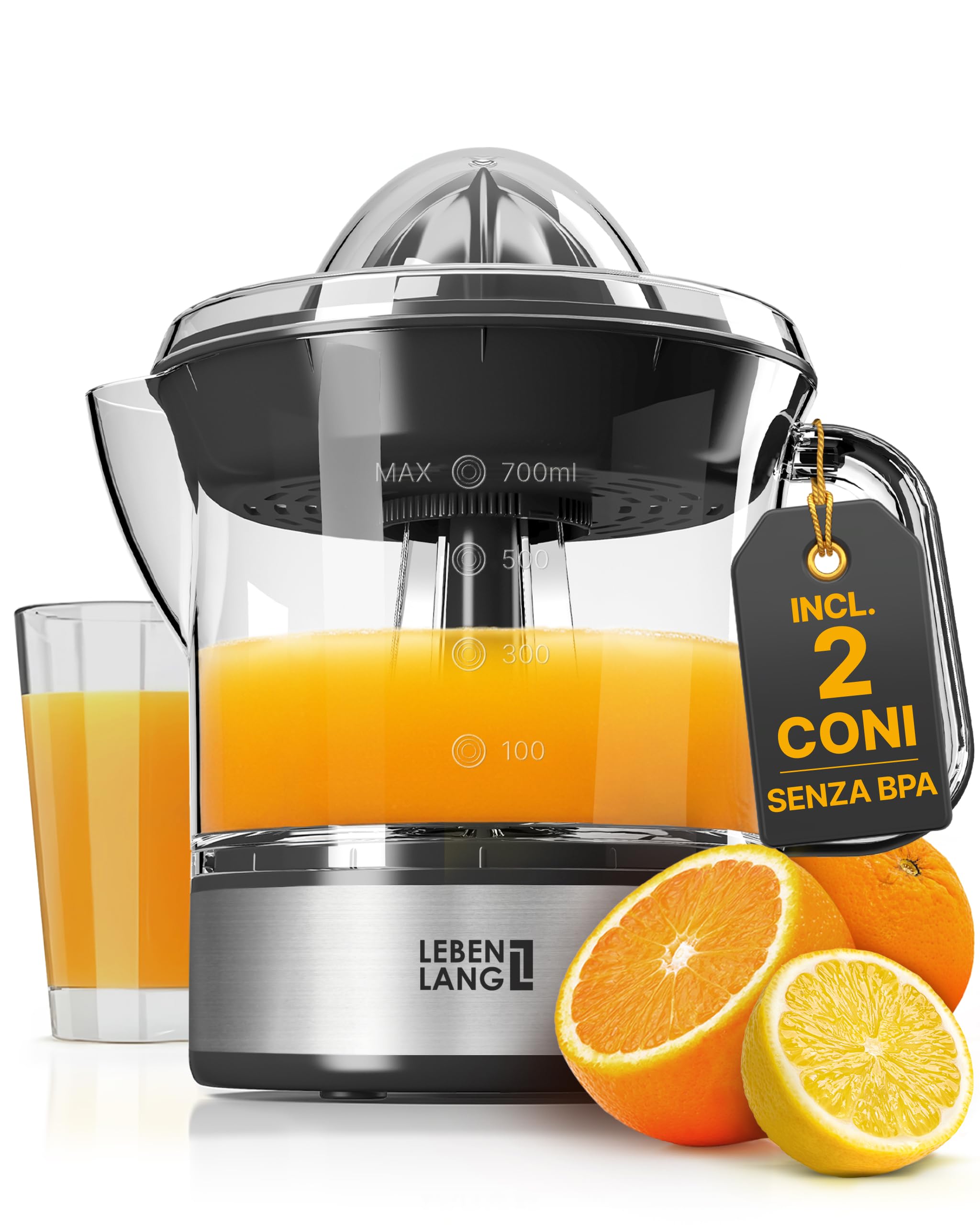 LEBENLANG Spremiagrumi elettrico - 2 Coni e senza BPA I Alta resa di succo I 700ml Spremi agrumi elettronico I Spremuta arancia Spremitore arance automatico I Sprema arancie piccolo silenzioso nero