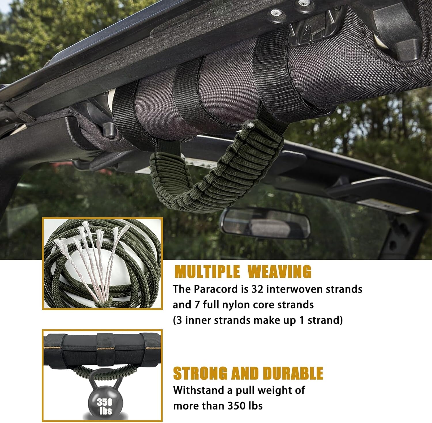 Jeep Grab Handles, 4 Pack Paracord Jeep Wrangler Roll Bar Grab Handles for JK TJ JL CJ YJ JKU JLU and Gladiator JT Wrangler Hardware Handle for 2019 2020 2021 2022 2023 2024 Modle