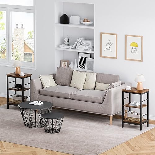 Miniatura 7 de IDEALHOUSE Mesa auxiliar moderna, juego de 2 mesas auxiliares con estante de almacenamiento de 3 capas para espacios pequeños, mesitas de noche para