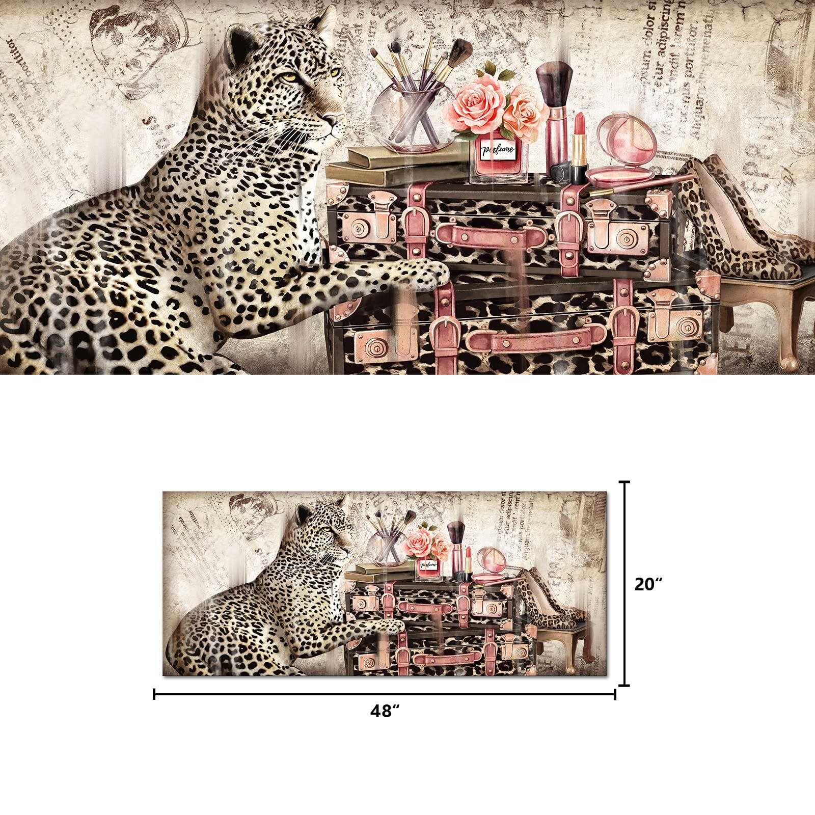Welmeco Large Retro Brown and Pink Fashion Canvas Wall Decor Charming Glam Leopard with Luxury Luggages High Heel Shoes Makeup Accessories Poster Picture Prints Artwork for Girl Woman Bedroom Salon Wall Decoration