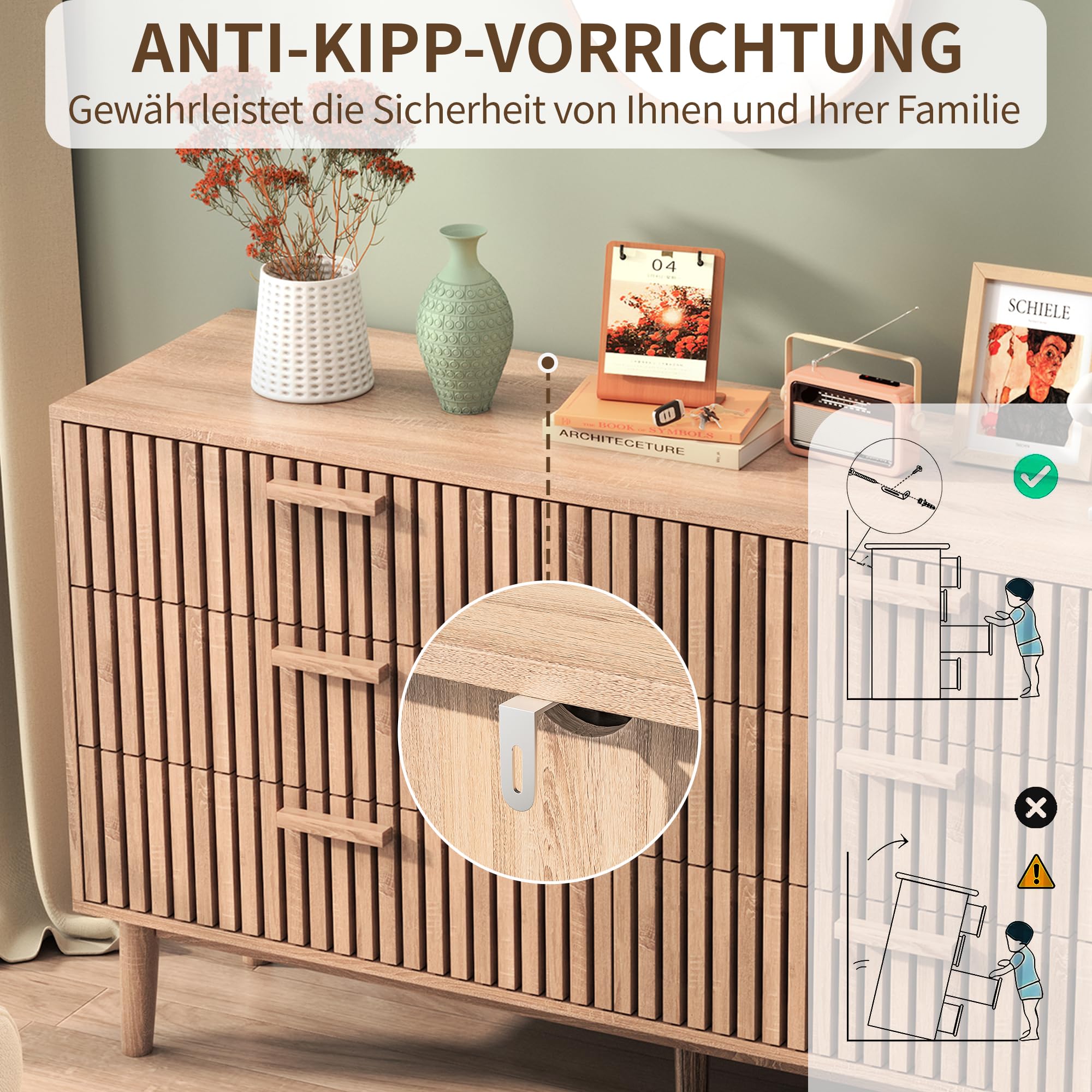 Cómoda con 6 cajones, 100 x 34 x 73 cm, aparador de Madera, Mueble con cajones de Gran Capacidad para salón, Dormitorio, diseño Lineal (Color de Madera Natural, Seis cajones)