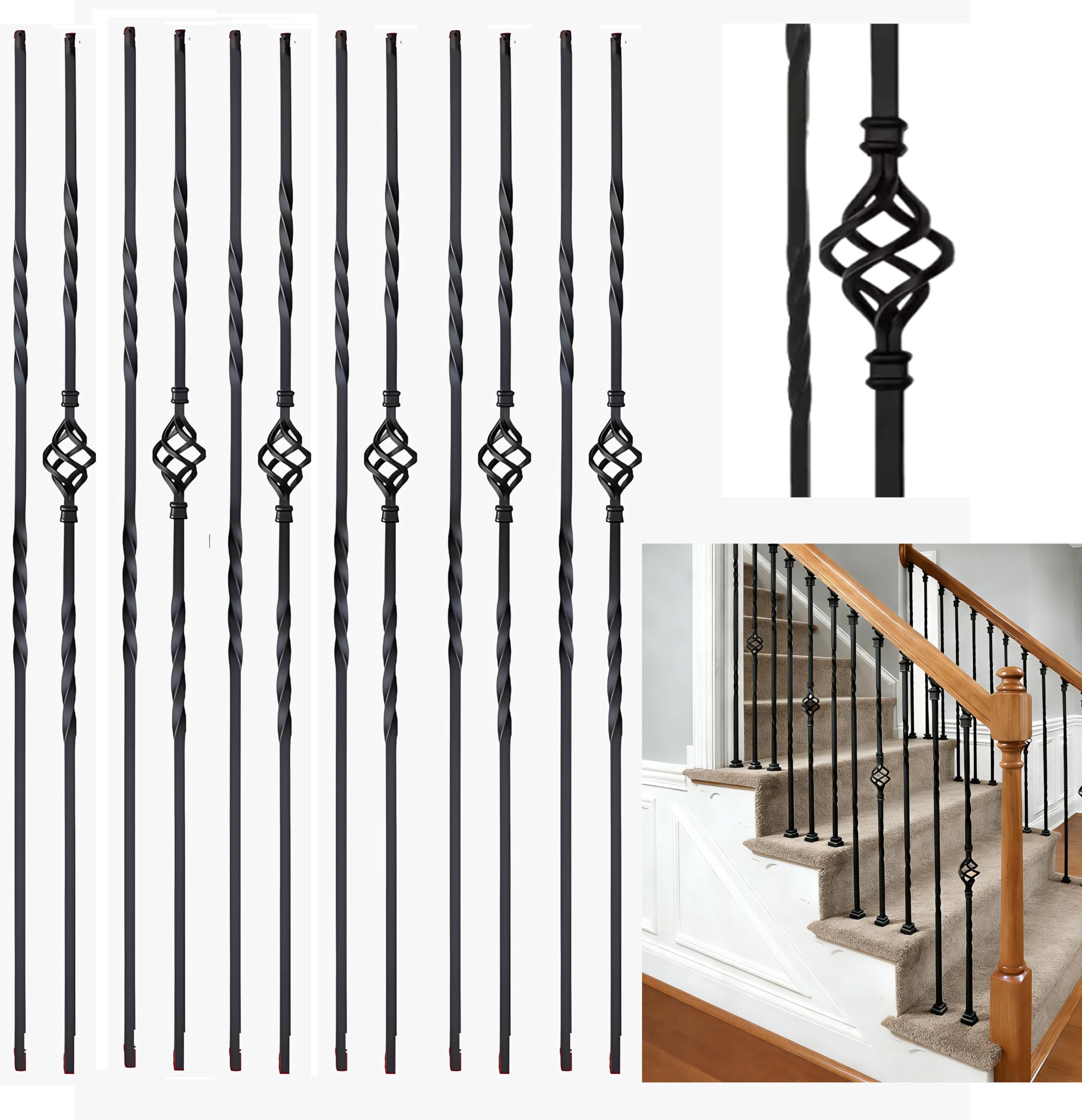 Langdoly 12 Pcs Square 1/2" Wrought Iron Balusters Single Basket Double Twist Metal Balusters Spindles for Indoor Stairs (New Artistic Textured Black)