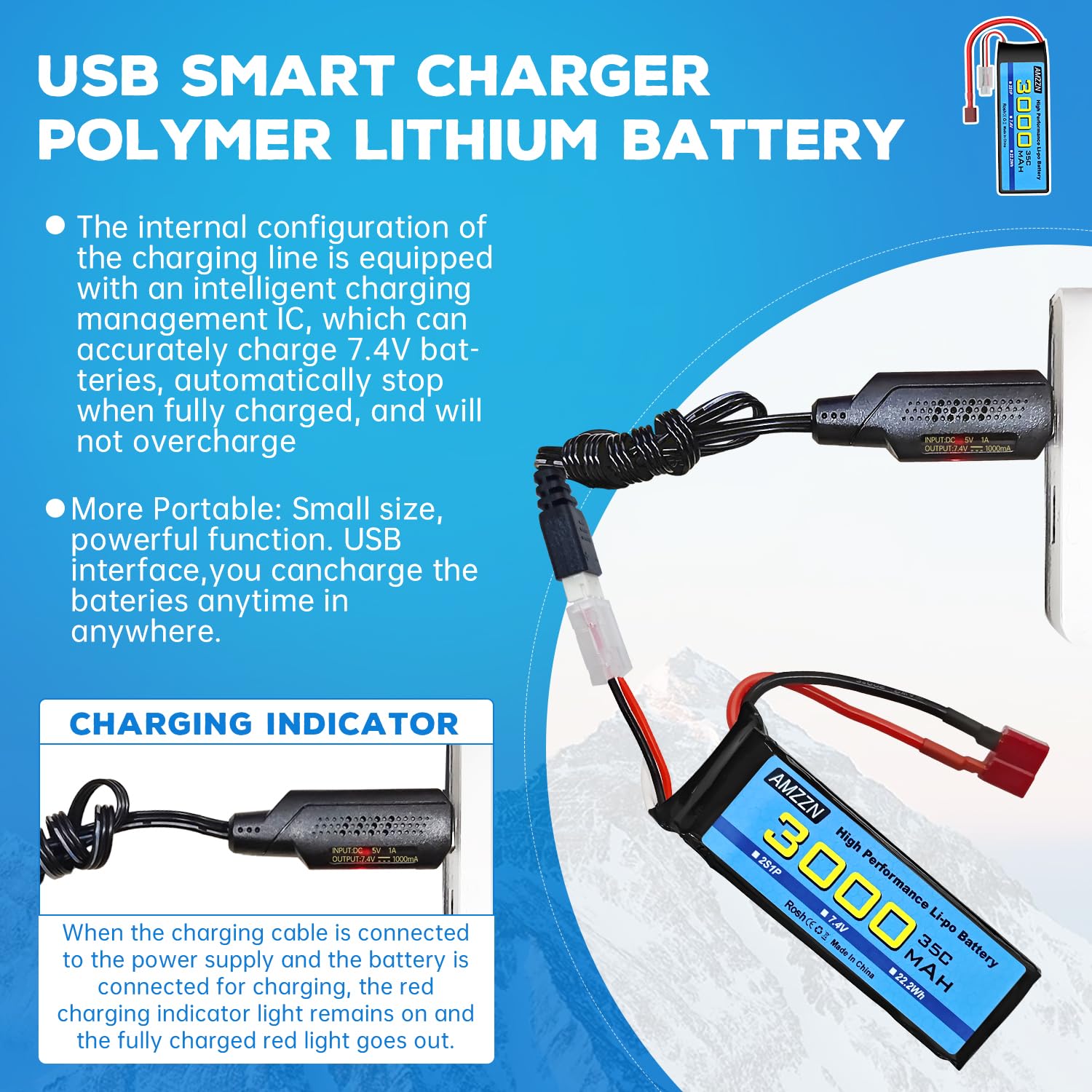2 Stück 2S T-Stecker Lipo Batterie 7.4 V 3000mAh 35C mit USB-Ladekabel für RC Auto, LKW, Automodelle, ferngesteuerte Schiffe, RC Quad-Rotor, FPV-Drohnenbatterien