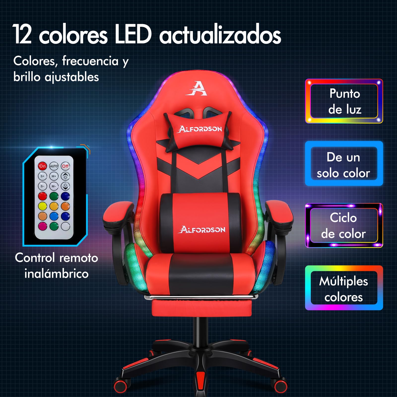 ALFORDSON Silla Gaming con Masaje y LED, Silla Gamer Ergonómica con Cojín Lumbar y Cervical, Reposapiés Telescópico, Iluminación para Ordenador, Videojuego, Juegos, Oficina, Cuero PU(Roja)