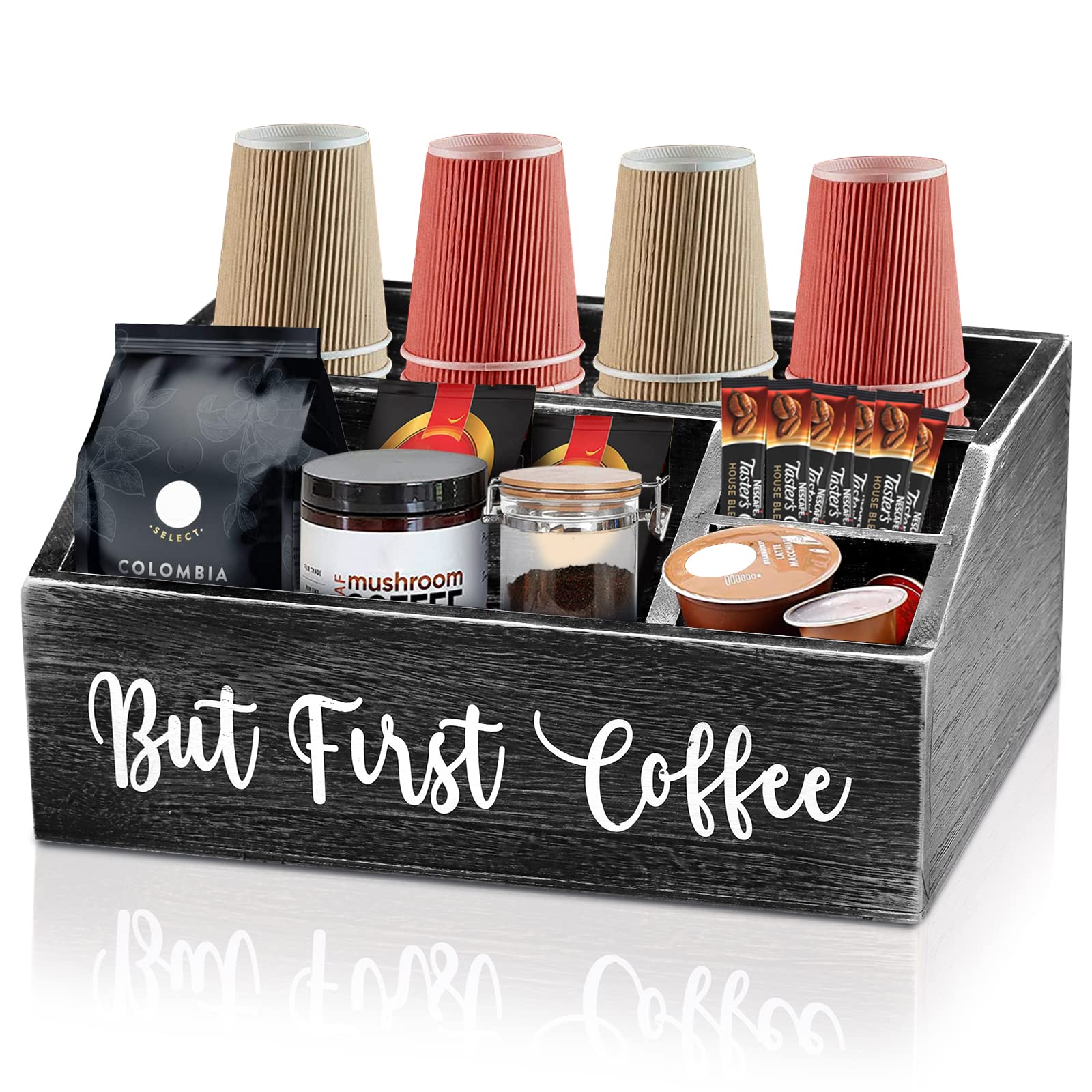 Coffee Station Organizer-Wooden Coffee Bar for Countertop, Farmhouse Accessories and Organizer Decor Coffee Pod Holder Storage Basket