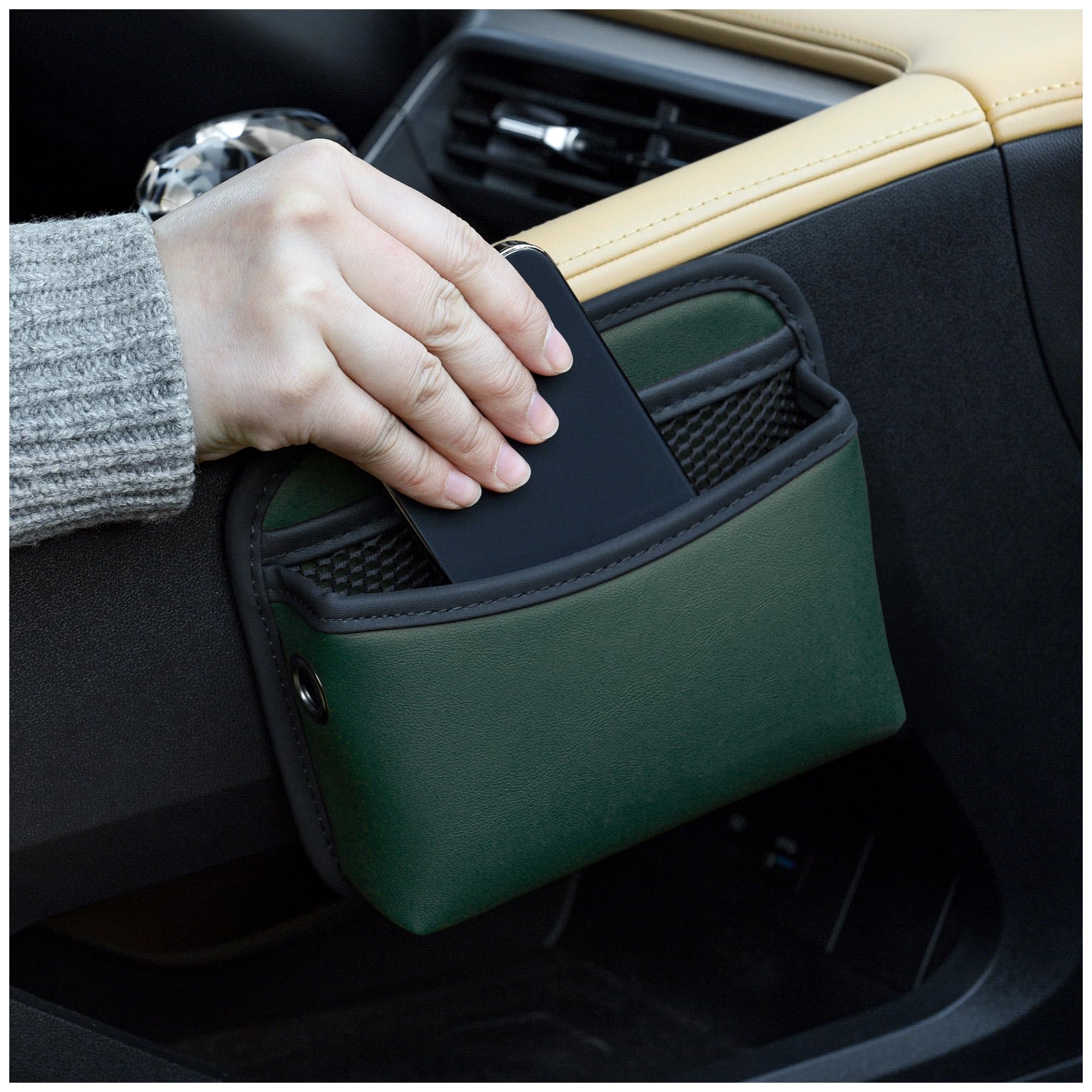Qirc Auto-Seitentaschen-Organizer aus PU-Leder, universelle Autotasche, Handyhalter für Auto, Autositz, Lückenfüller, Aufbewahrung, Zubehör, Organizer für Autotür, Konsole (grün)