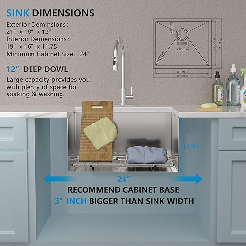 Miniatura 53 de Fregadero de lavandería de 25 x 22 pulgadas, montaje superior, acero inoxidable T304, calibre 16, 12 pulgadas de profundidad, fregadero individual