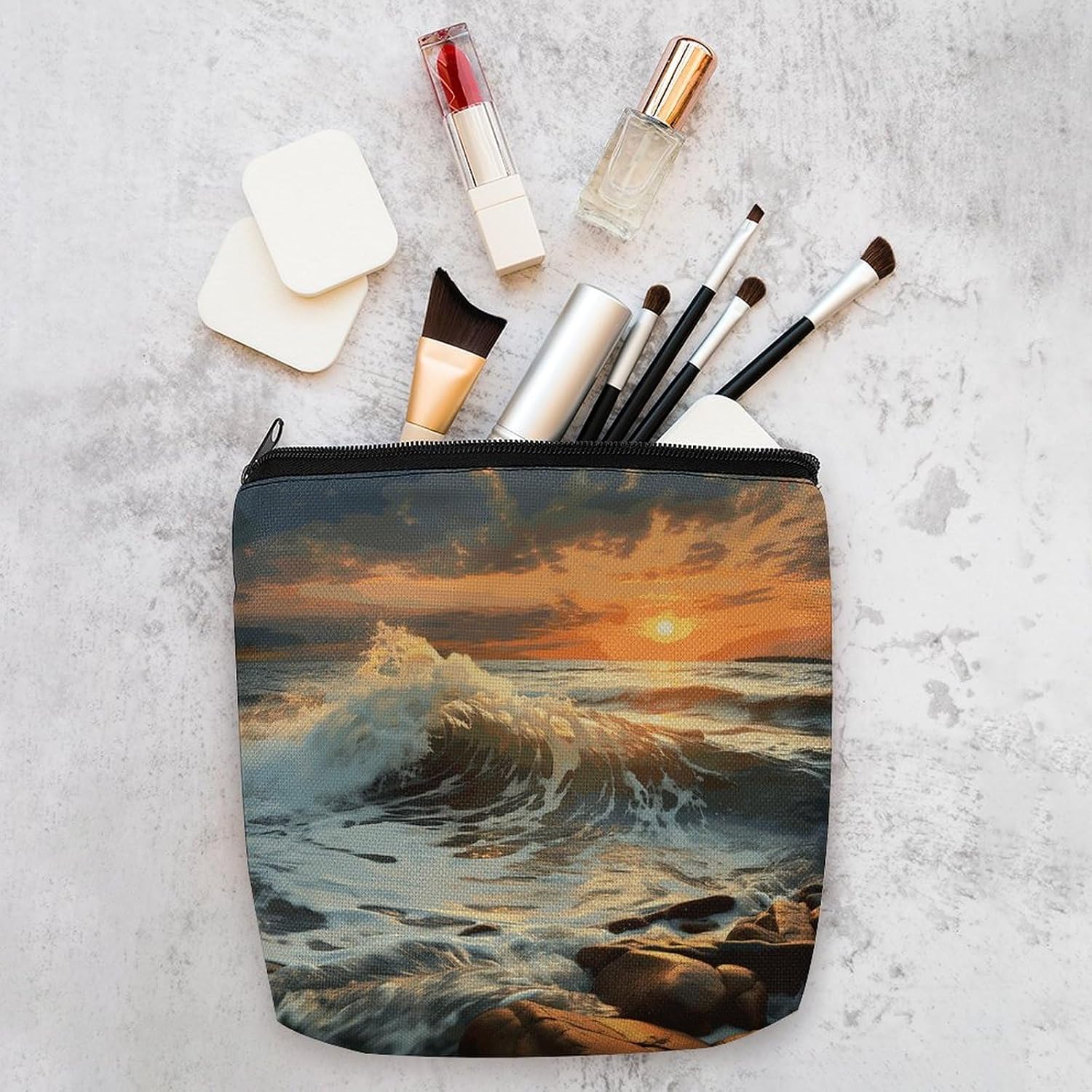 Rocky Wave Sunset Painting Makeup Storage Bag Cosmetic Bag image 4