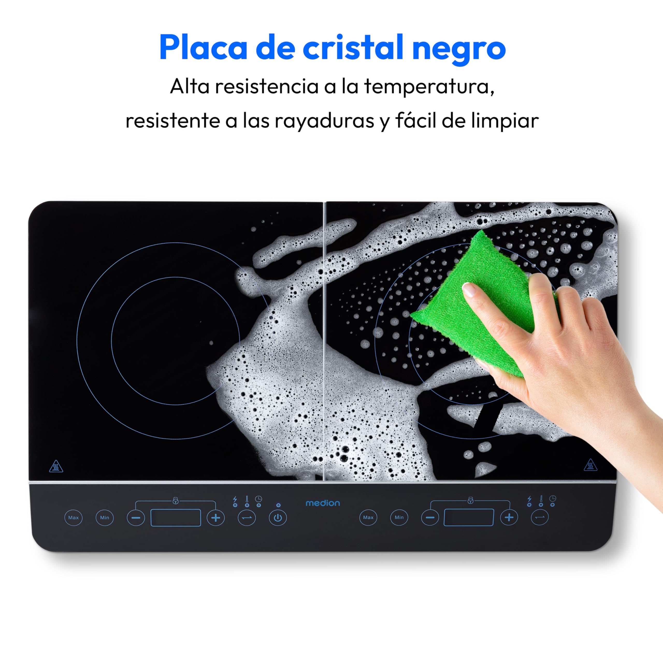 MEDION Placa de inducción doble con dos placas de cocción, 3500 vatios, 10 ajustes de temperatura, pantalla LED, MD 15324, negro