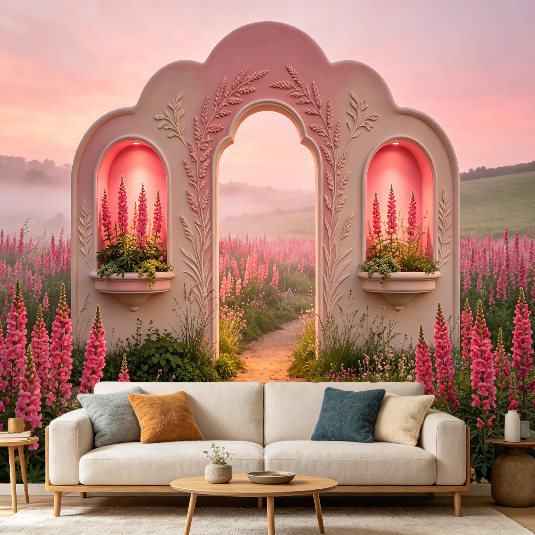 Custom Size Wall Mural， Pink Archway Botanical Garden Wildflower Meadow Landscape 3D Art Prints wall Fabric Removable Large Wallpaper Home Living Room Decor Aesthetic Style