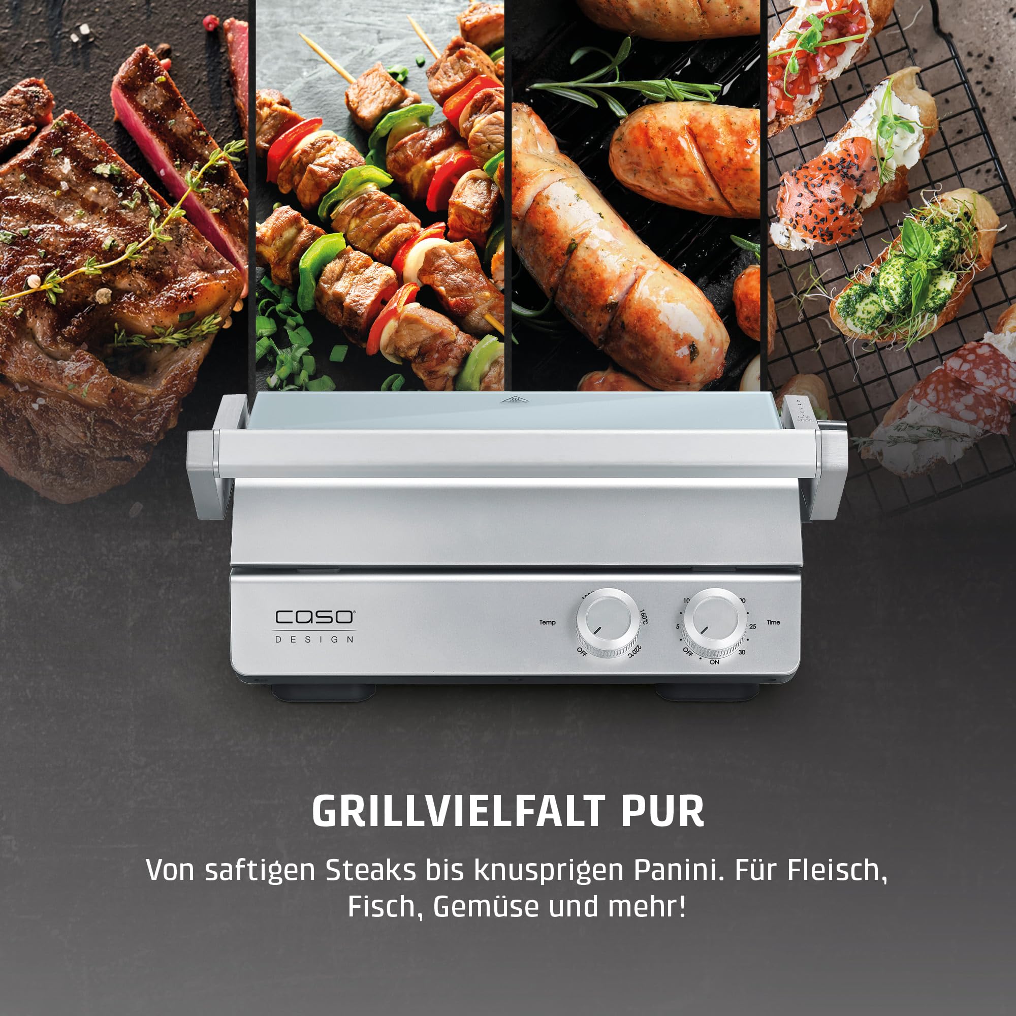 CASO SteakChef - Doppel-Kontaktgrill, Antihaftbeschichtung, 100-220°C | Testurteil sehr gut (ETM 04/2026), aufgeklappt als Tischgrill nutzbar, Steak, Sandwich, elektrischer Grill 2000 Watt