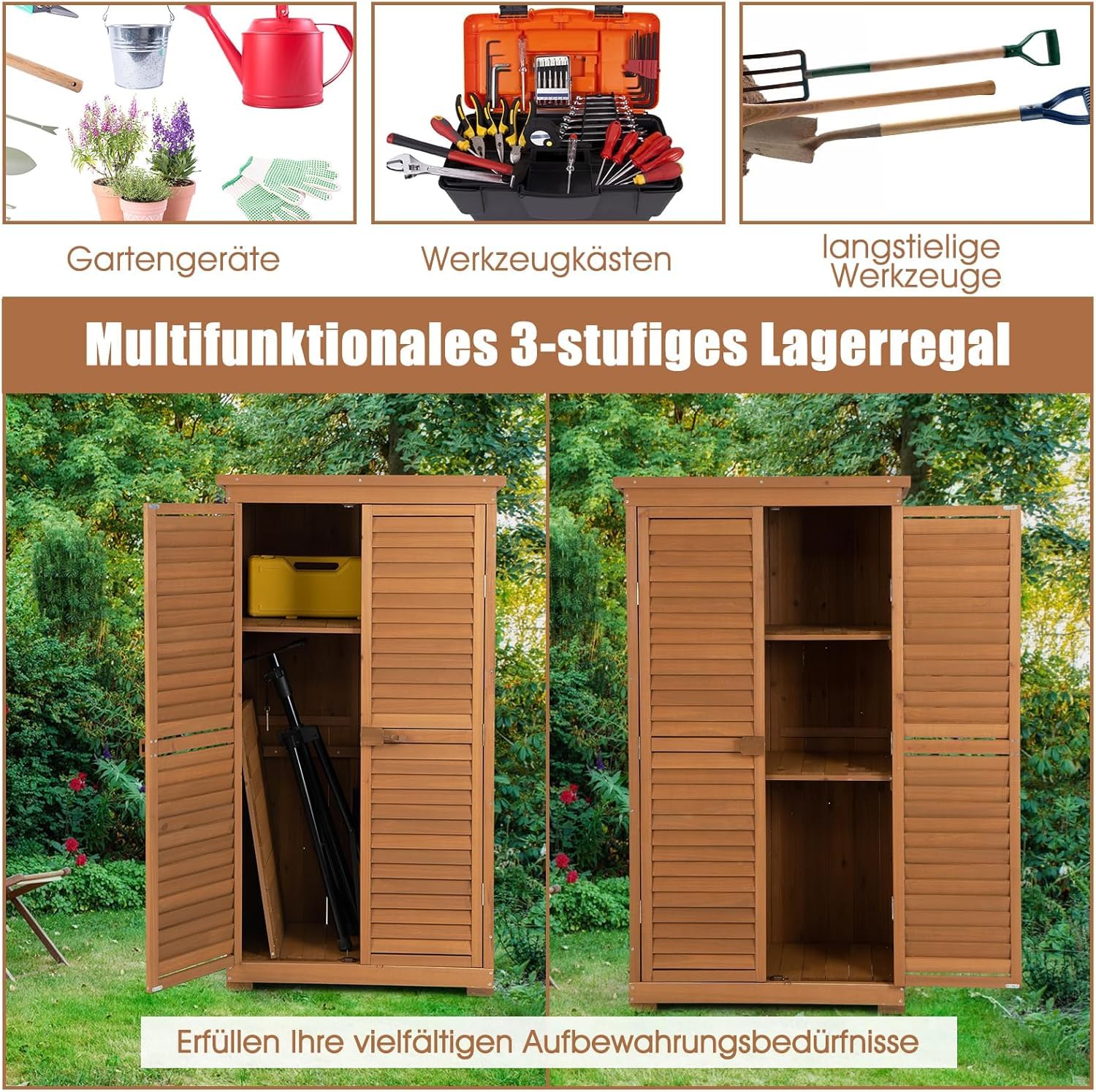 FANTASK Gartenschrank Holz, Gerätehaus wetterfest, Geräteschuppen mit 3 herausnehmbaren Regalen