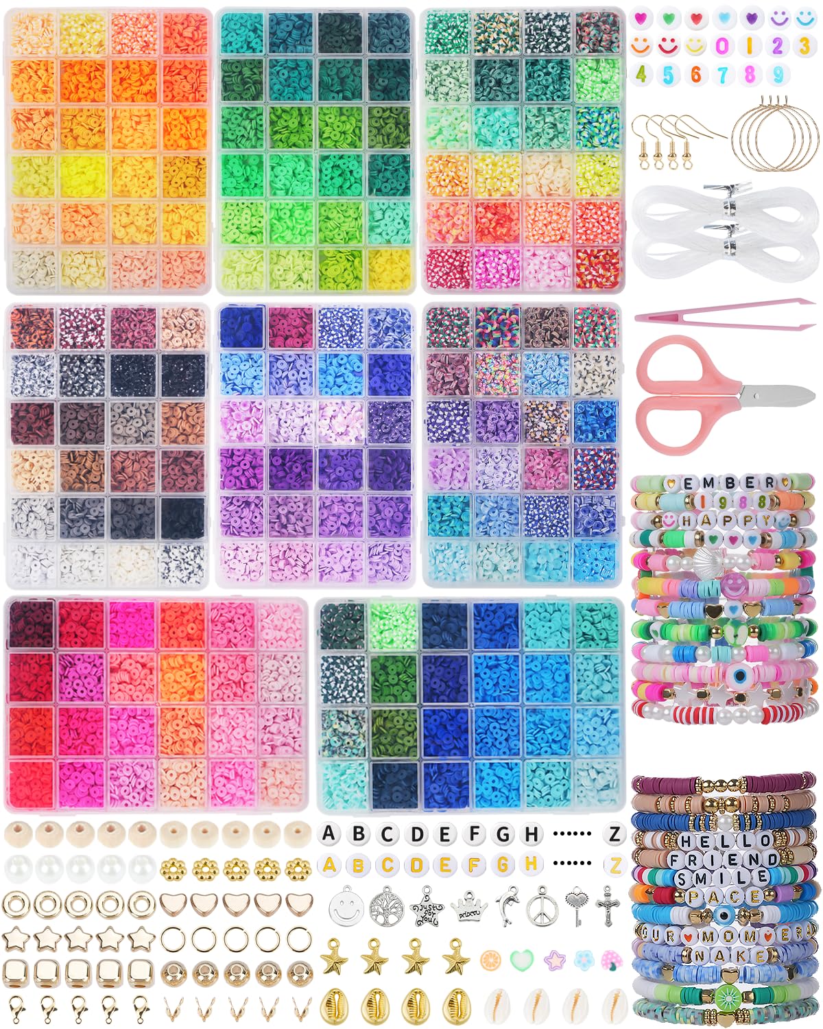 BestNow Clay Beads Bracelet Making Kit 192 Colors Flat Polymer Heishi Beads Set for Friendship Jewelry Making with Pendant Charms Crafts Gifts for Girls Ages 6 7 8 9 10 11 12 Kids Adults