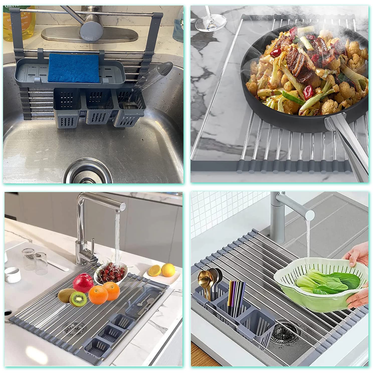 Puede expandir el Fregadero de la Cocina de la Bandeja de Secado de la Bobina por Encima de 12.6"-23.3", el Estante de Secado del Fregadero, el Drenaje del Carrete de Acero Inoxidable (Gris)