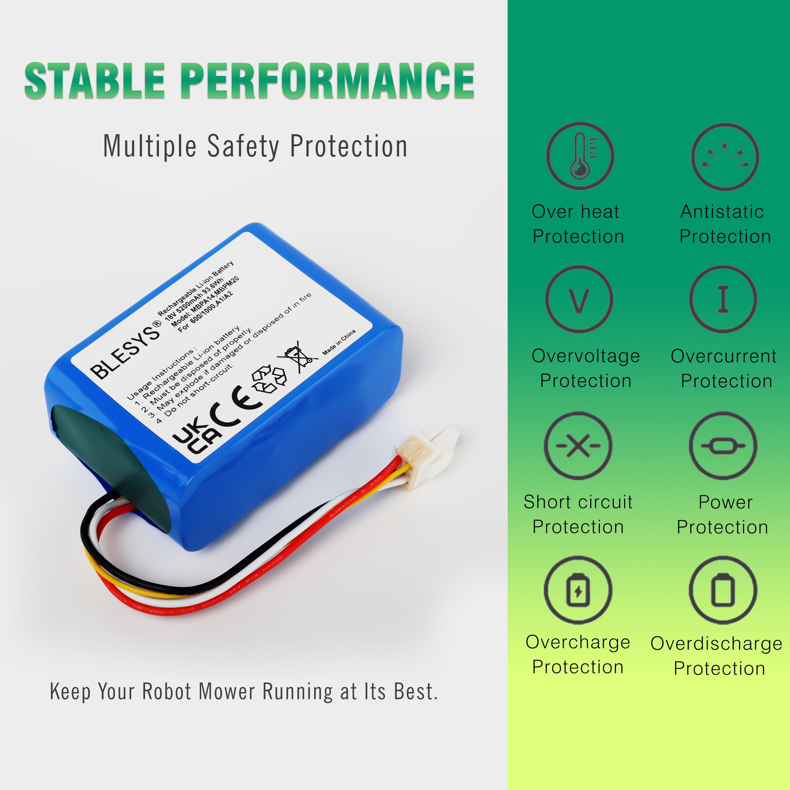 BLESYS Batteria di ricambio per robot tosaerba, 18 V, 5200 mAh, compatibile con Dreame A1, A1 Pro, A2, A2 Pro, MLLA7110, MLLA7210, MXXA8210