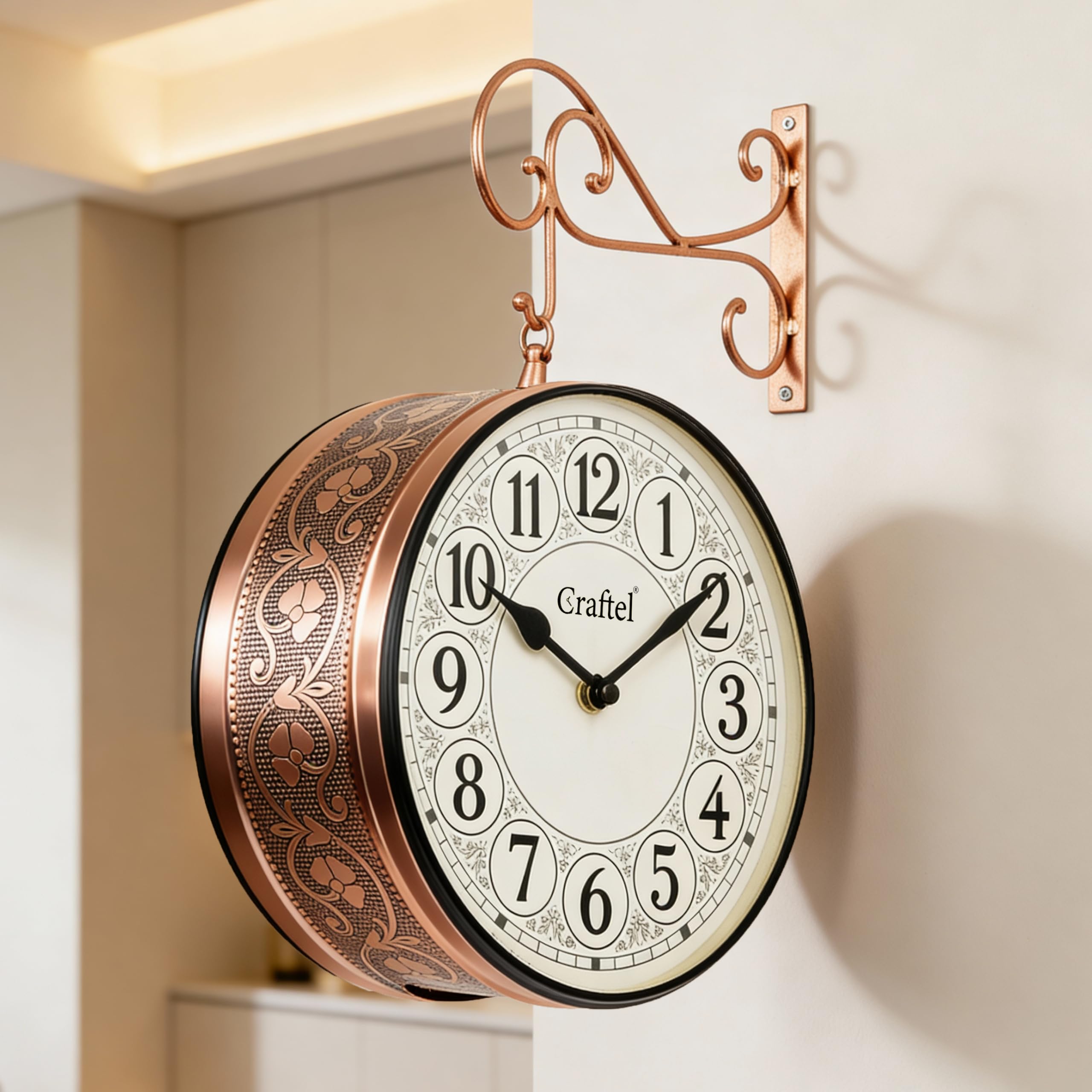 CRAFTEL Double Sided Station Wall Clock Electroplated Rose Gold | Both Side English Numerals | Aluminum Dial | Gift for Home Hall Living Room | Dial 12 Inch - Rose Gold - 365 Days Warranty |