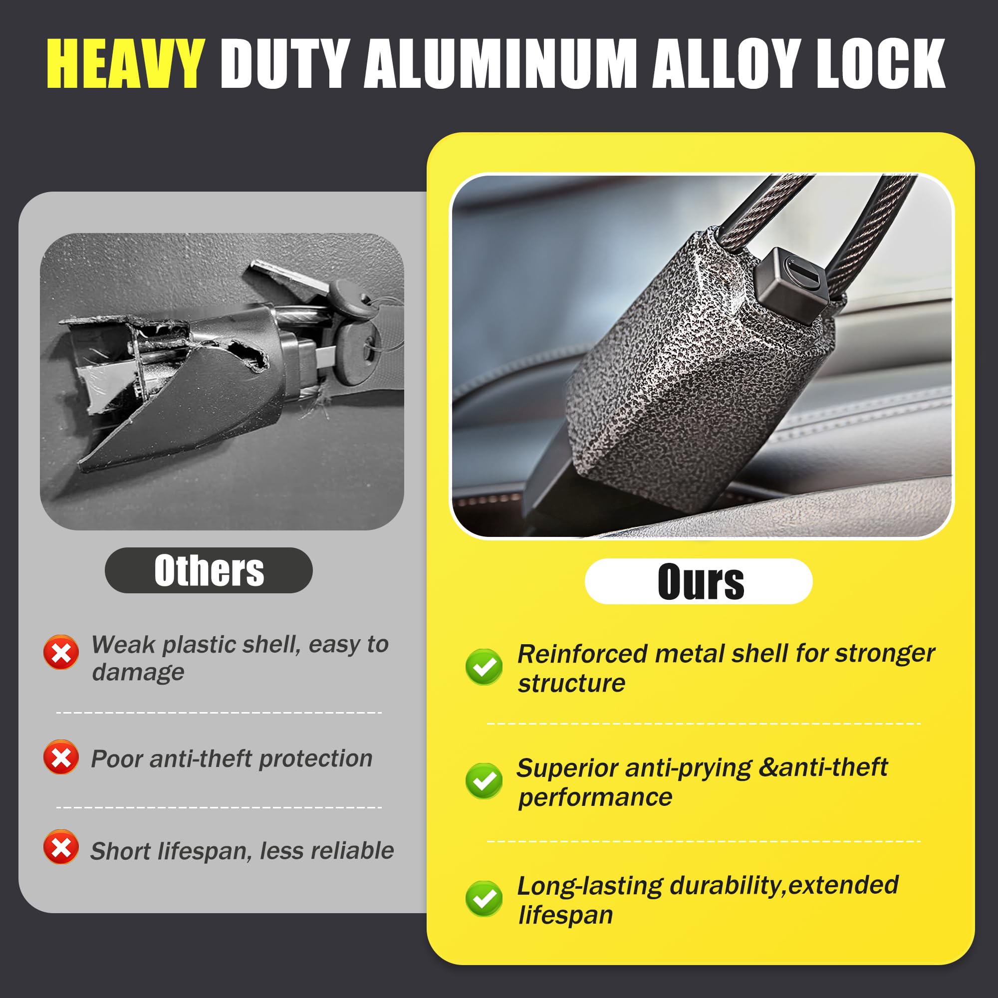 Steering Wheel Lock, Car Steering Wheel Locks, Car Seat Belt Lock with Metal Head, High Visibility Car Lock Anti-Theft Device for Car, SUV, Pickup, Van, RV, 3 Keys (Yellow) - 3