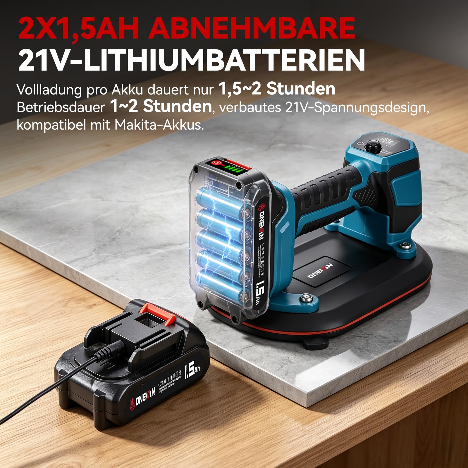 ONEVAN 2x ventosas eléctricas 21V, elevación de 250kg para azulejos, vidrio | Ventosa grande 16 x 24cm, reposición automática de presión, 2 baterías 21V 1500mAh, pantalla digital, compatible con Makita