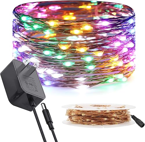 RUICHEN Guirnalda de luces de alambre de cobre enchufable de 33 pies, 100 luces LED con carrete, multicolor