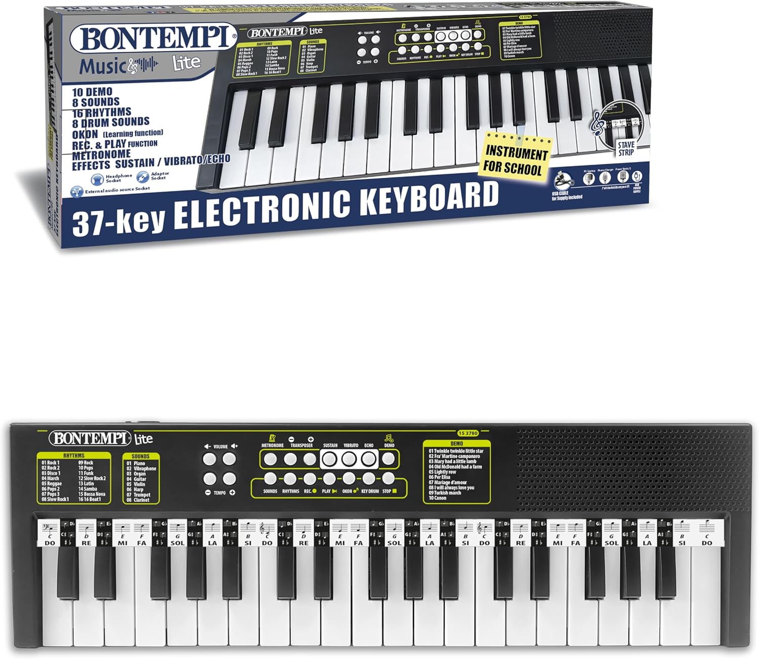 Bontempi KeyRhythm 15 3780 Digital Keyboard in its packaging, highlighting features