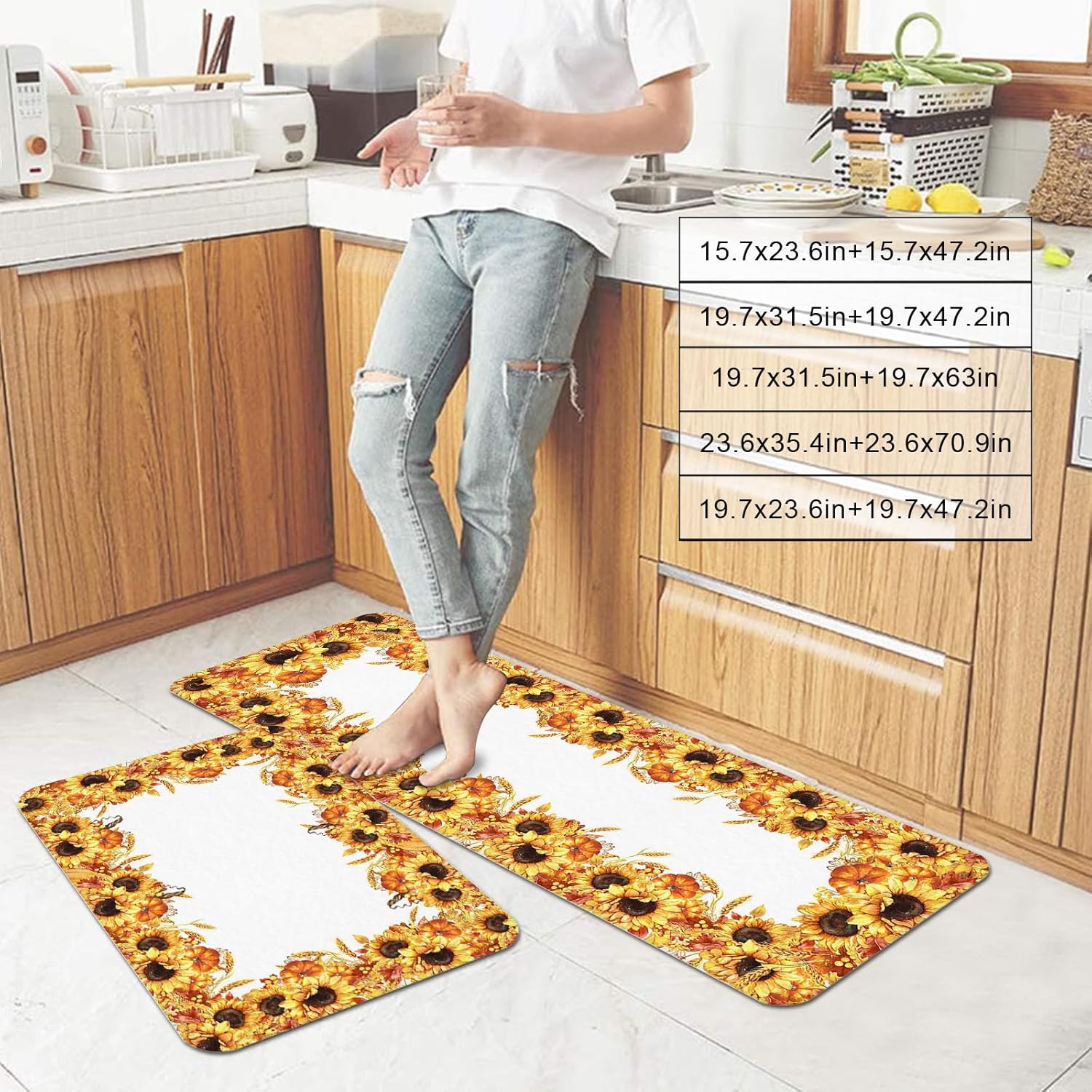 Vintage Flower 2 Pieces Kitchen Mats Floor Area Rug Set Chic Floral on Linen Non-Slip Doormat, Indoor Water Absorbent Standing Runner Rugs for Home Decor Ornate Texture Retro Burlap