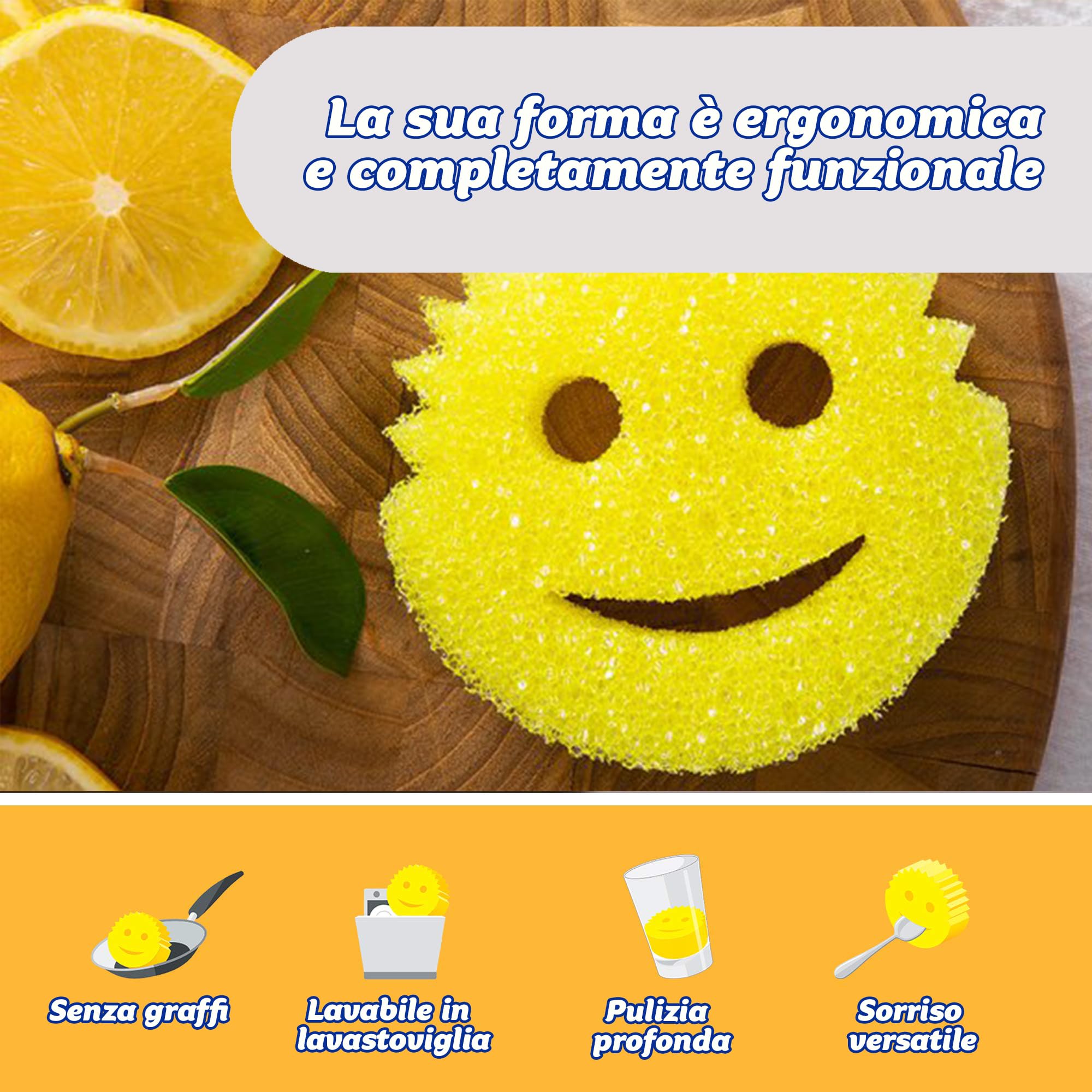 Scrub Daddy Originale Spugna Piatti Lavabile, Spugne Cucina e Bagno, Non Graffia Prodotti per la Pulizia della Casa, Design Morbido e Compatto FlexTexture, Lavabile in Lavastoviglie, Giallo 8 Pz