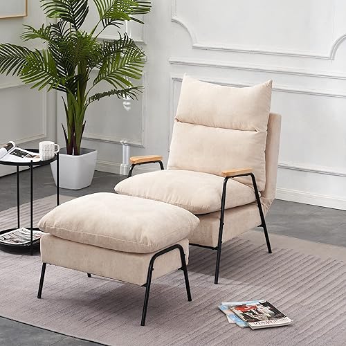 Miniatura 2 de MCombo Sillón reclinable con otomana, silla de club con brazos de tela con patas de metal, respaldo y almohada ajustables, sofá individual para sala