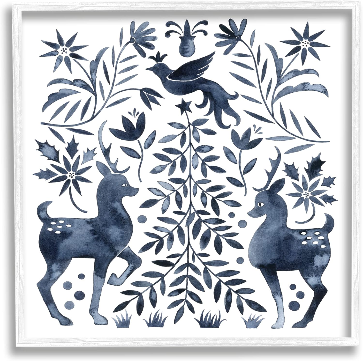 Stupell Industries Festive Deer Dove Christmas Tree Botanicals Leaves, Design by Grace Popp White Framed 24L" x 24W"
