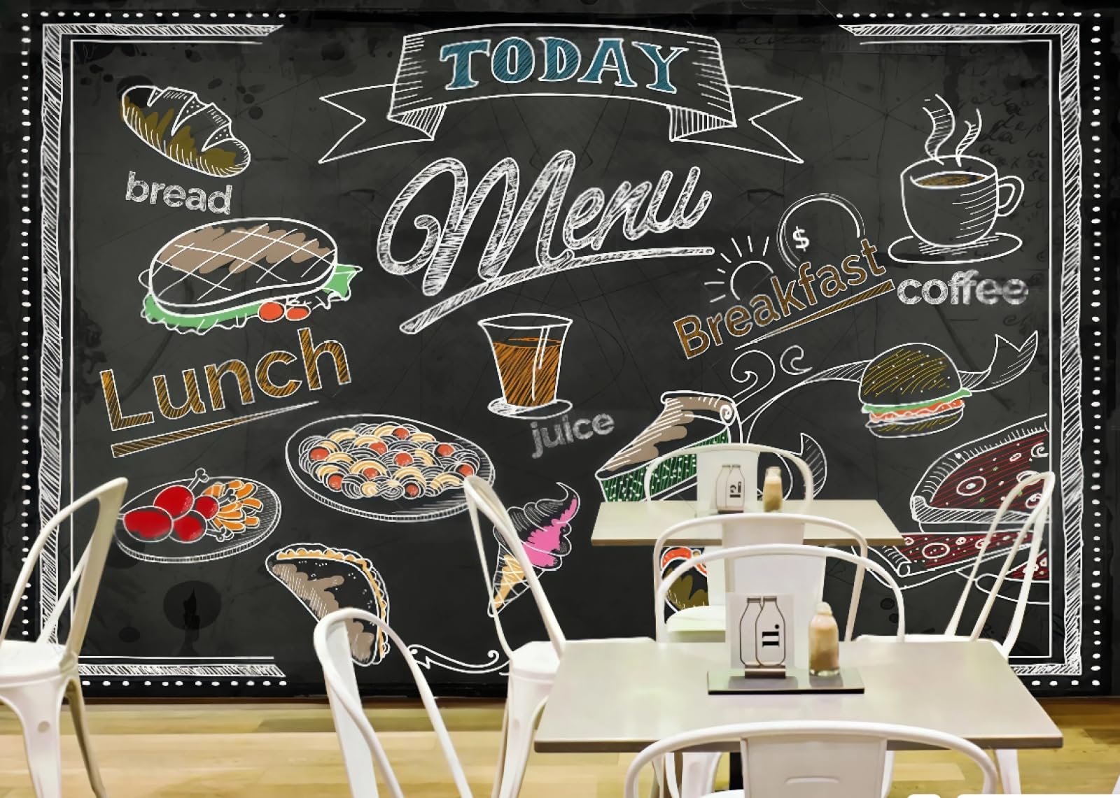 XDOUBAO Wallpaper Personalized Blackboard Newspaper Hand-Painted Burger Pizza Fast Food Restaurant Afternoon Tea Western Restaurant Background Wall Wallpaper Coffee Shop Mural,3D,150x105cm