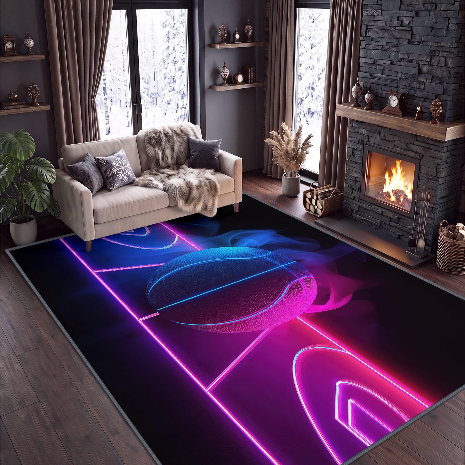 Vaporwave Alfombra de Baloncesto Neón, 160 x 230 cm, alfombra de cocina, antideslizante, lavable, para salón, comedor, entrada interior