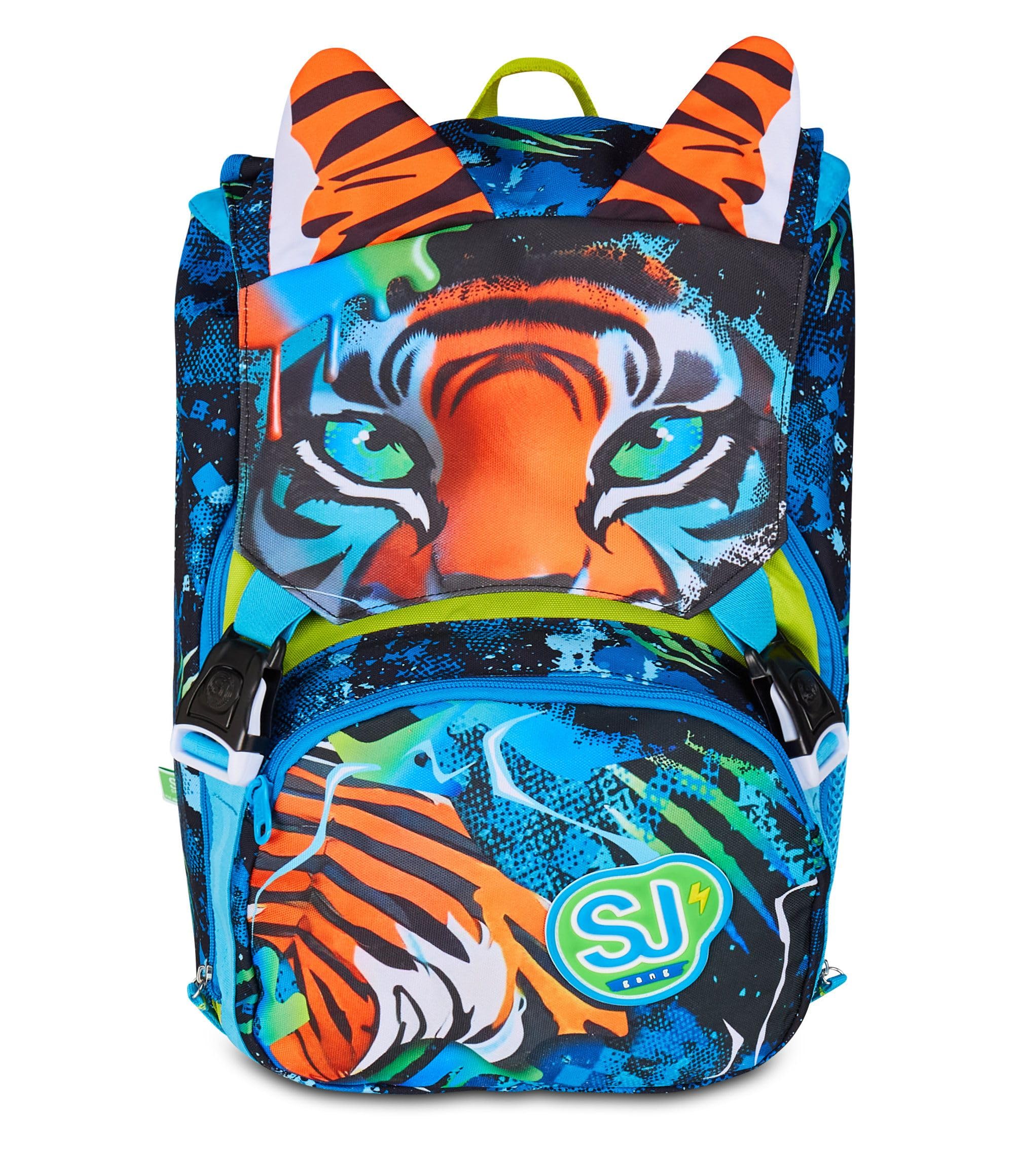 SJ GANG STYLE JAM GANG Zaino Scuola Estensibile Big, Blu, Zaino con Divisorio Interno, Tasca Superiore con Orecchie in Peluche, Tasca per Borraccia, 24 L, Zaino Scuola Elementare, Bambino
