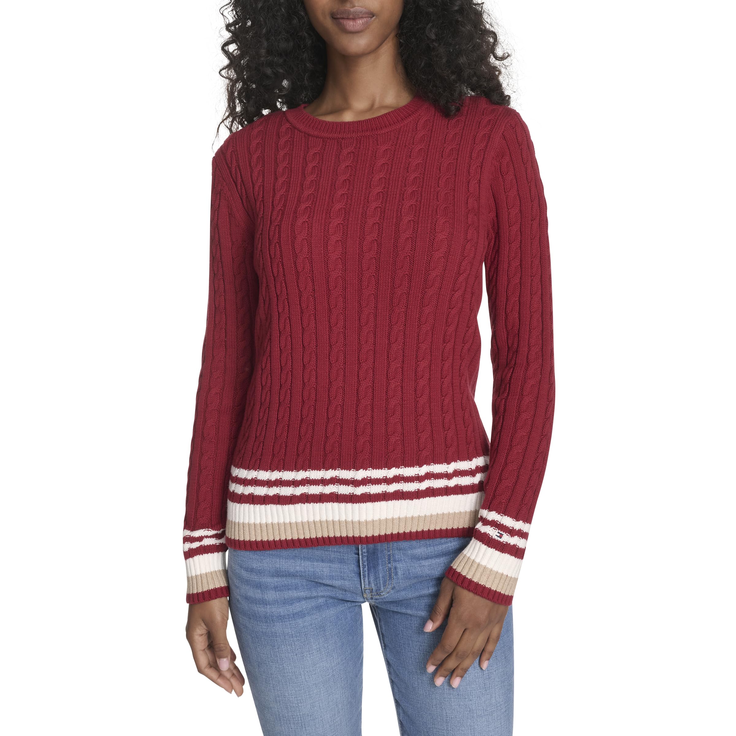 Tommy Hilfiger Women's Crimson Multi Cotton Crewneck Cable Sweater, Xs