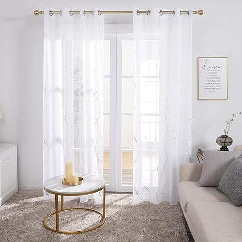 Miniatura 3 de Deconovo - Cortinas translúcidas con patrón de ondas impresas en lámina de aluminio con aspecto de lino juego de 2 paneles de cortinas de gasa con