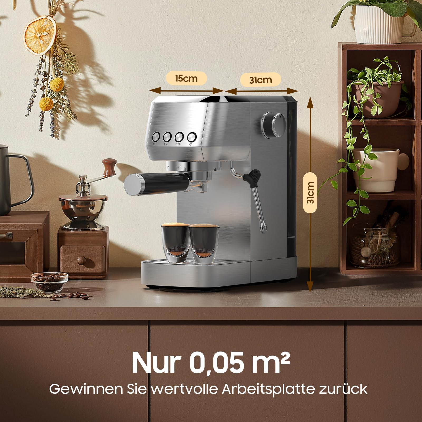Ekspres do espresso, sitko, 20 barów, ze spieniaczem do mleka, filtr portowy 51 mm, szybkie nagrzewanie, konstrukcja ze stali nierdzewnej, zbiornik na wodę 1,3 l, podgrzewacz do filiżanek, filtr 2 w 1