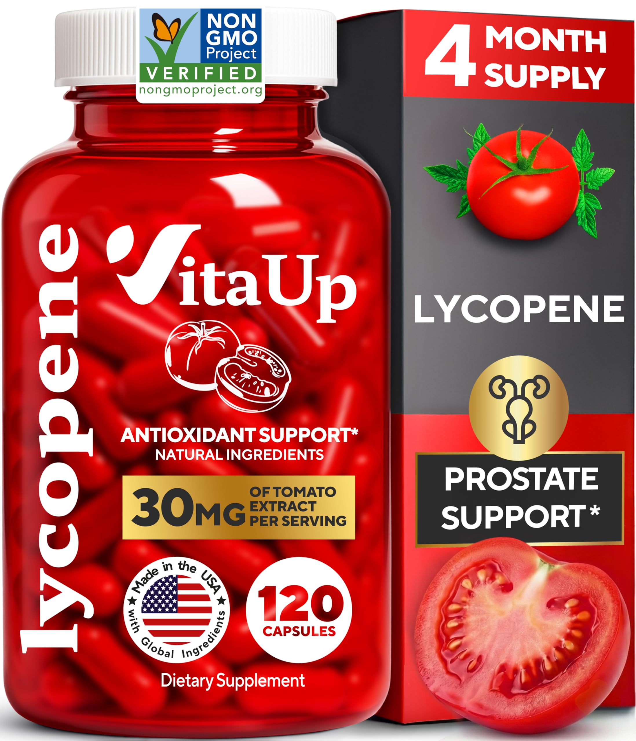 Lycopene Supplements for Men - USA Made Prostate Supplements for Men with Natural Tomato Extract - Non-GMO Lycopene Supplement for Prostate, Skin & Antioxidant Support - 120 Count