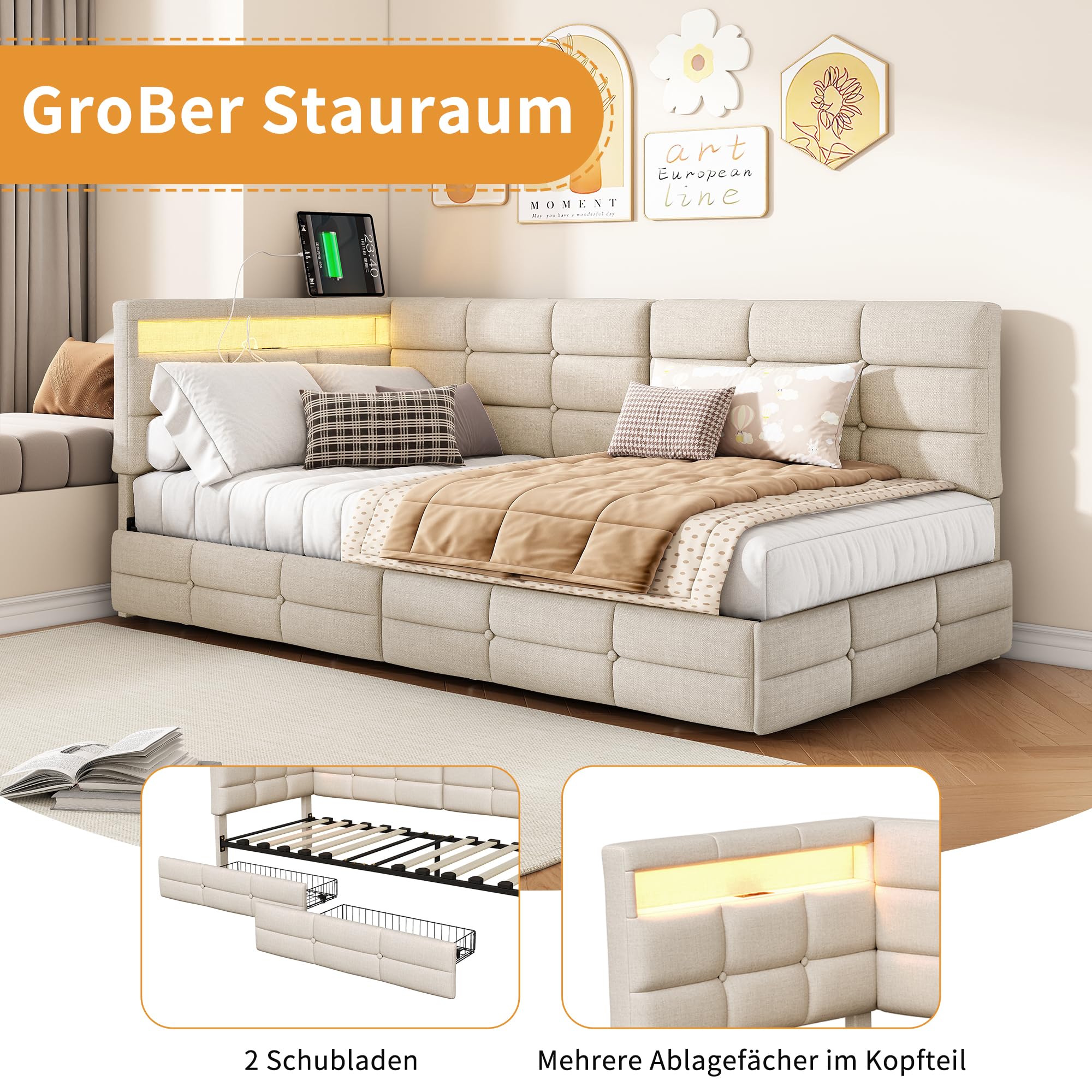 Polsterbett Schlafsofa 90x200 mit LED-Beleuchtung & USB-Ladestation, Jugendbett Tagesbett mit Stauraum & 2 Schubladen, Gästebett Bettgestell mit Lattenrost, Leinen Beige