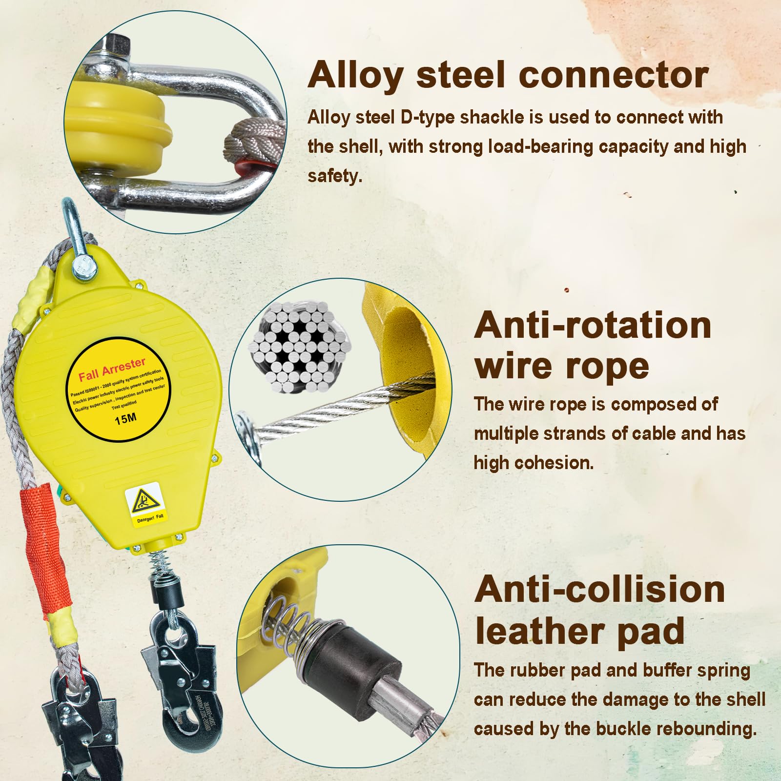 Arnés de seguridad retráctil para trabajo en el techo, 3-20 m, dispositivo de protección contra caídas aprobado, 150 kg, arnés retráctil anticaídas para alturas (amarillo 3 m)