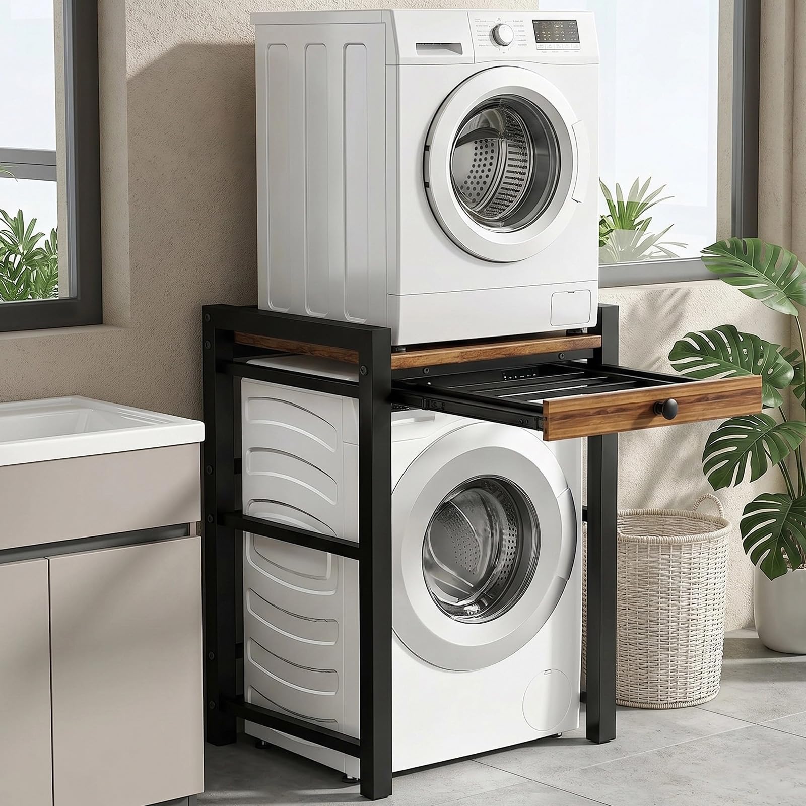 BQSWYD Armario para lavadora, estante para lavadora, 3 ajustes de altura, capacidad de carga de 350 kg, apto para lavaderos, baños (negro con bandeja)