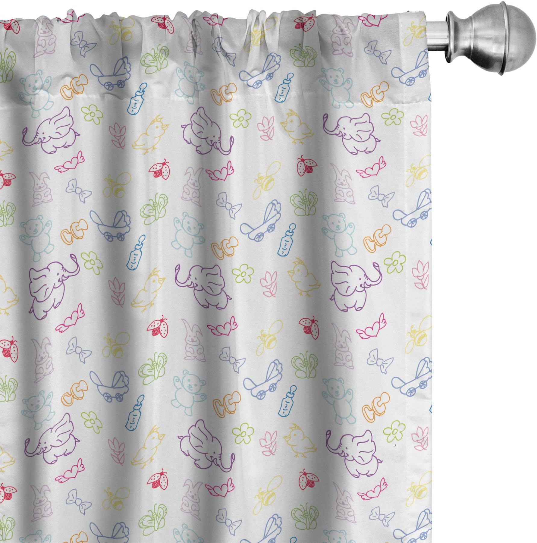 Ambesonne Nursery 2 Panel Curtain Set, Cartoon Drawing Style Baby Elephants Teddy Bears Flowers Butterflies Bees Pattern, Lightweight Window Treatment Living Room Bedroom Decor, 56" x 84", White Blue