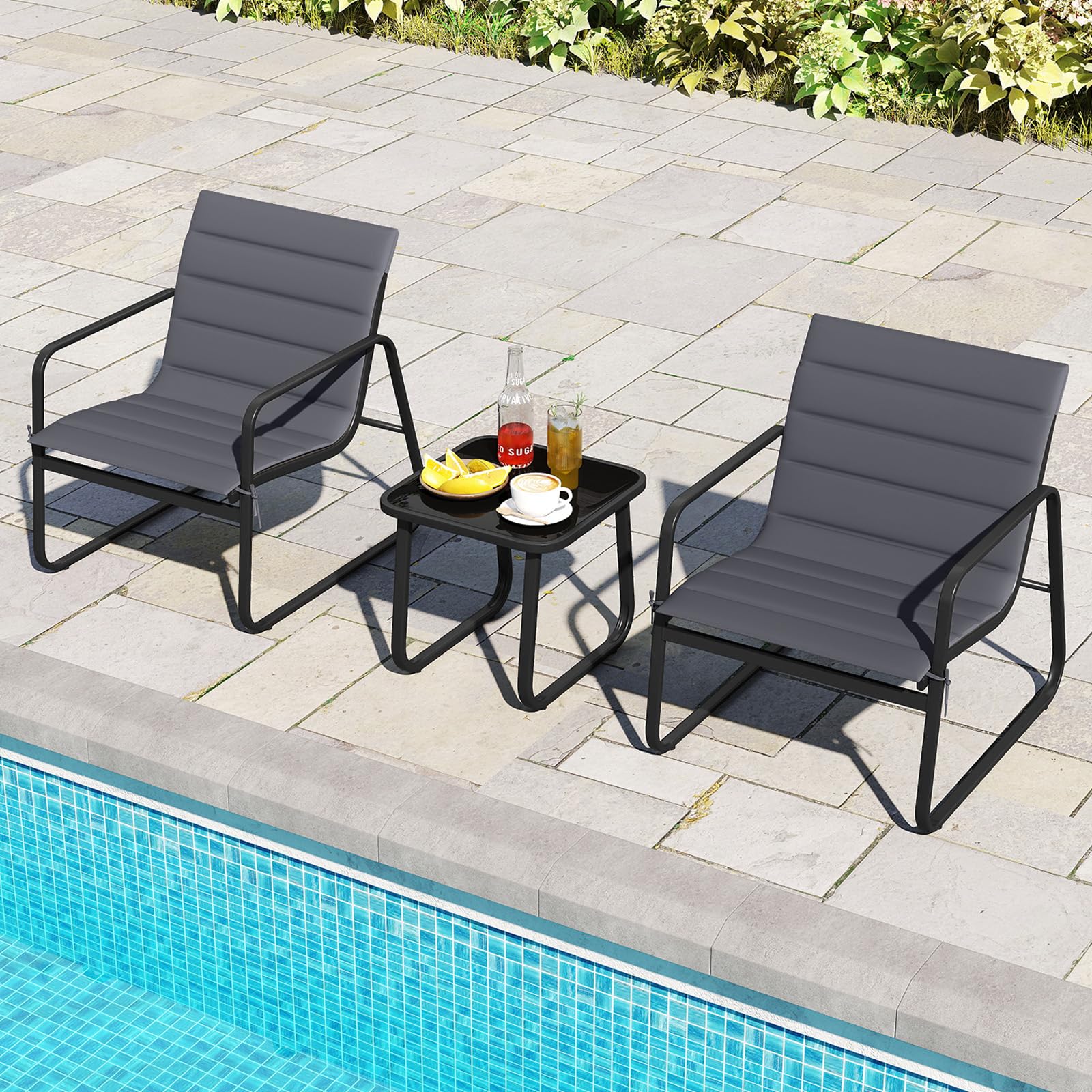 COSTWAY Set Tavolino e Sedie da Giardino, Set Bistrò 3 Pezzi con Cuscini Rimovibili, Tavolo in Vetro Temperato, Struttura in Metallo, per Patio, Cortile e Piscina (Modello 3)