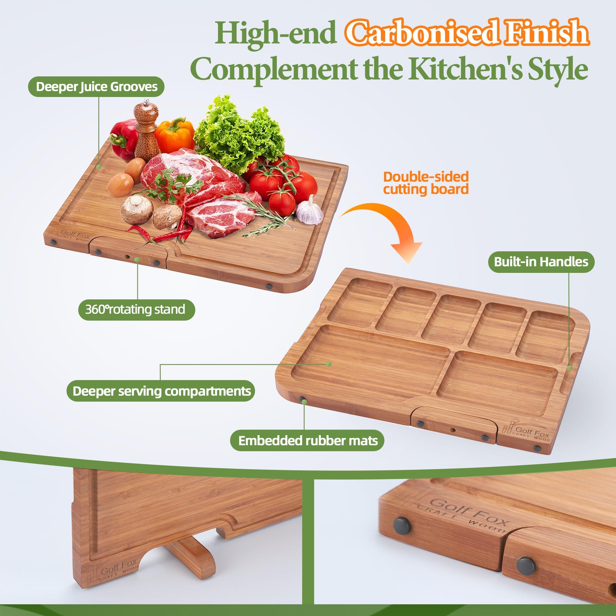 Golf-Fox Juego de 4 tablas de cortar de bambú para cocina, tabla de cortar de madera con soporte, doble cara: tabla de cortar y tablas de embutidos. Ideal para pan, queso, pizza, carne, fruta, pasta