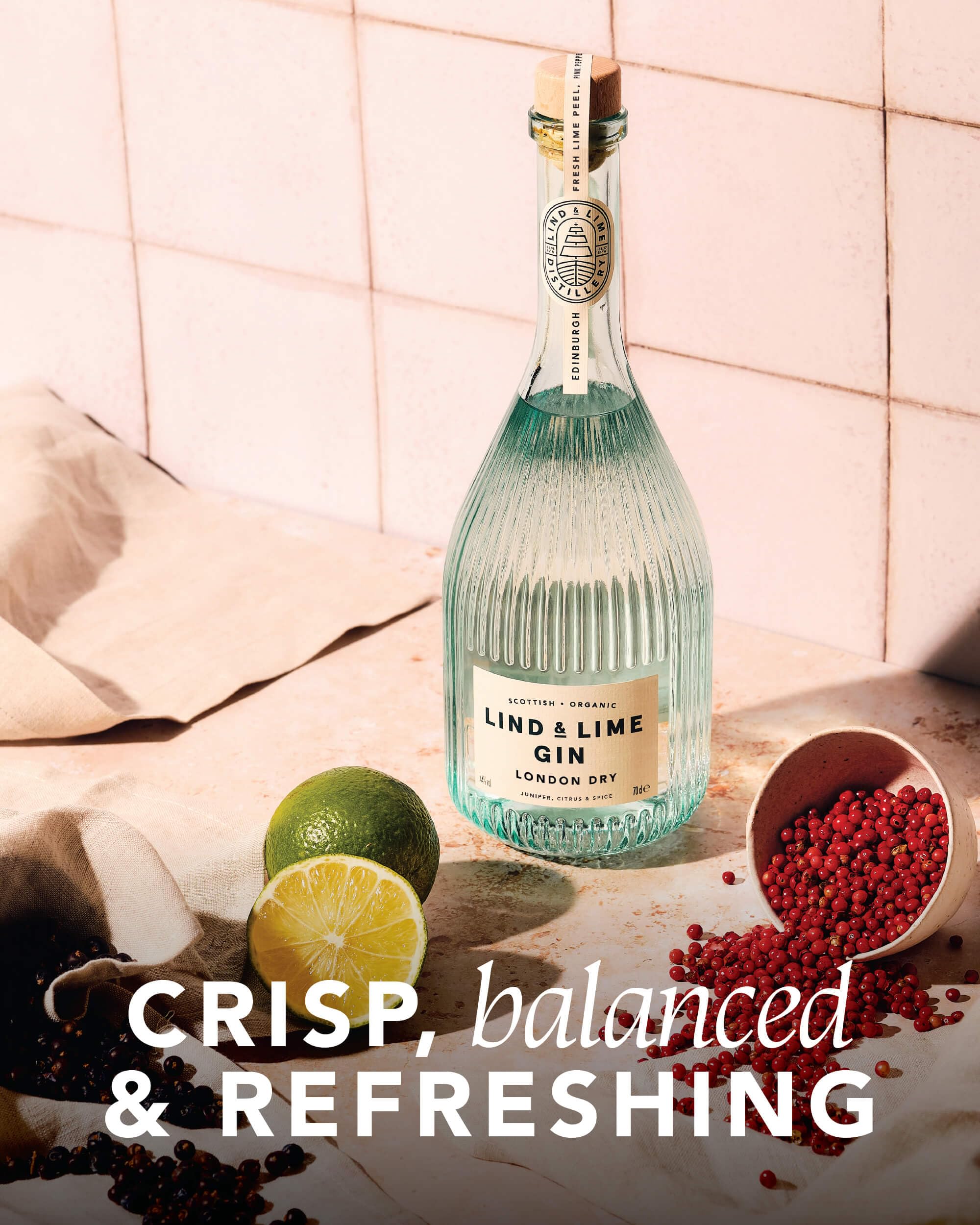 Lind & Lime | Gin aus Schottland | biologisch | 7 Botanicals | rosa Pfeffer und Limette | 100 % Plastikfrei | 100 % grüne Energie | 700 ml | 44 % Vol.